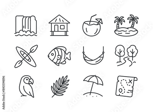 Tropical Adventure Icons. Tropical island adventures. Line icon