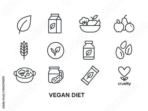Vegan Diet Icons. Vegan Diet. Line icon set of Vegan Diet: plant