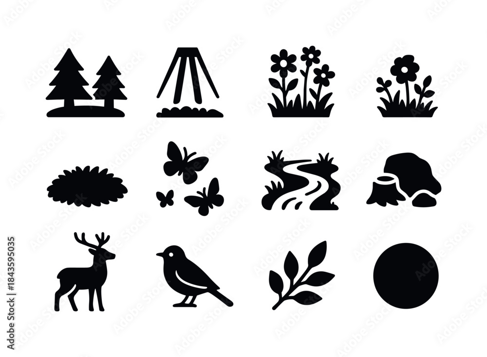 Fototapeta premium Glade Nature Icons. Glade. Solid icon set of glade: forest clear