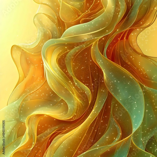 An abstract composition featuring flowing waves of translucent fabric in warm orange and teal tones, evoking a sense of movement and lightness against a soft yellow background.