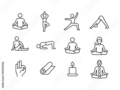 Yoga Poses Icon Set. People Meditating or Practicing Yoga. Line