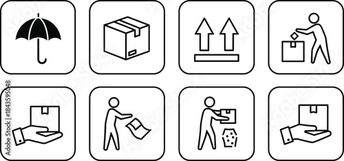 Logistics and Package Handling Icon Set Showing Delivery Care, Fragile Protection, Proper Handling Symbols, and Shipping Instructions for Warehouse, Courier, and Supply Chain Design