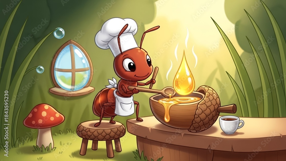 Fototapeta premium Cute Ant Chef Stirs Golden Honey in an Acorn Bowl Amidst Nature