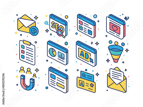 Colorful Marketing Icons. Marketing strategies. Colorful isometr