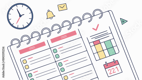 Hand drawn illustration of a calendar with tasks and a clock symbolizing time management