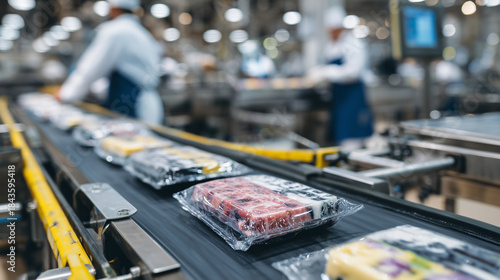 Close-up view of colorful popsicles in clear packaging moving along a conveyor belt in a food processing factory, bright overhead lights reflecting off the plastic wrap, workers bl