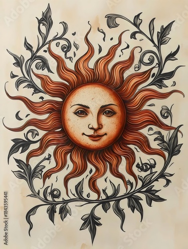 A vibrant sun illustration featuring a smiling face and intricate swirling rays. The artwork is enriched with detailed leaves in shades of green, creating a harmonious design.