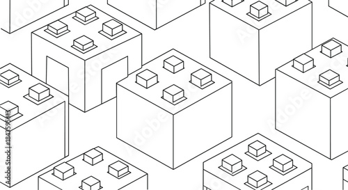 Isometric illustration showing a dense field of uniform cubes arranged in a grid creating a futuristic landscape of blocks with varying heights and lines.