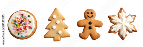 Festive cookies including decorated round cookie, Christmas tree, gingerbread man, and snowflake, perfect for holiday celebrations