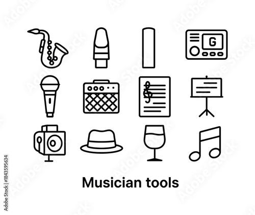 Musician Tool Icons. Musician tools. Line icon set of Musician t
