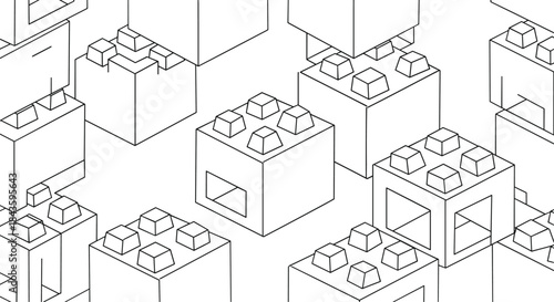 Isometric illustration of stacked cubic blocks forming a repeated modular pattern with open gaps and small connector pieces for a modern building concept.