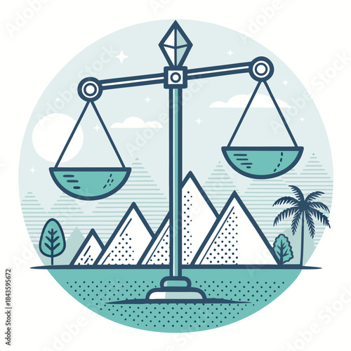 "Balance Scale Icon with Mountains and Palm Trees in Minimalist Design"