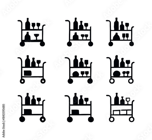 Stylish Bar Cart Icons. A stylish bar cart with liquor and glass