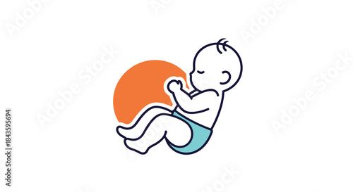 Playful vector illustration of a newborn baby wearing a diaper curling up with knees to chest against an orange circle backdrop in a gentle nesting pose.