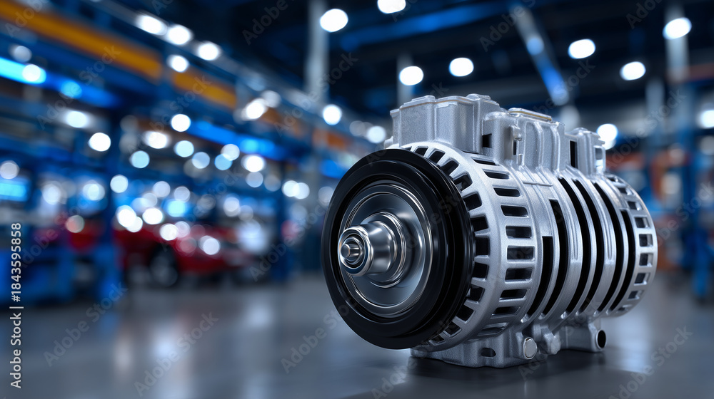Fototapeta premium Close-up view of a car alternator assembly, pulley in foreground, rotor and stator inside housing detailed, clean studio background, reflective highlights on metal surfaces