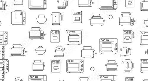 Line art pattern of kitchen appliances icons including ovens kettles toasters microwaves and coffee makers suitable for design projects.