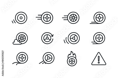 Spinning Wheels Icon Set. Spinning wheels out of control. Line i