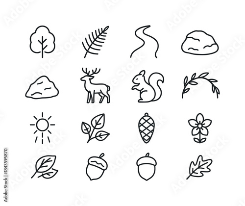 Forest Icon Set. Forest glade. Line icon set of forest glade: tr