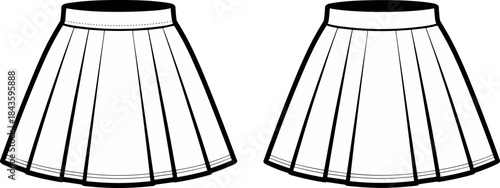 Women's Flared Mini Pleated Skirt Technical Fashion Illustration Set: High Waist and A-Line Shape for Apparel Design Vector Template