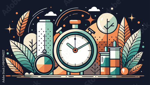 Creative illustration of a stopwatch surrounded by nature and abstract elements