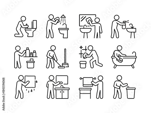 Bathroom Cleaning Icons. Bathroom cleaning scene. Line icon set