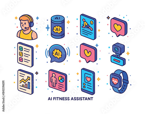 AI Fitness Icons. AI fitness assistant. Colorful isometric vecto