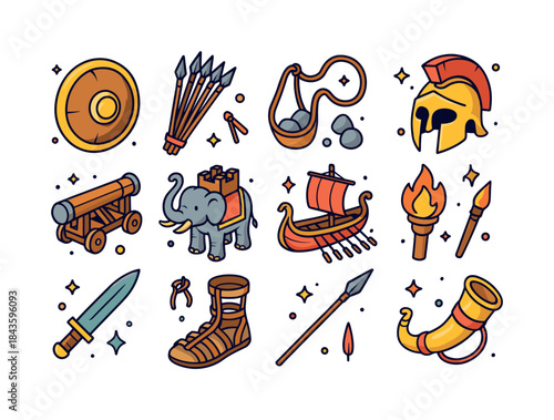 Ancient Warfare Icons. Ancient warfare. Colorful isometric vecto