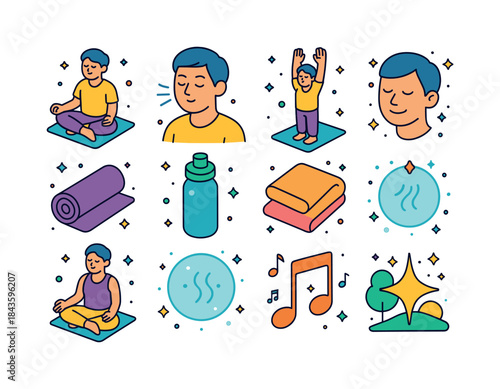 Post-Workout Mindfulness Icons. Mindfulness After Workout. Color