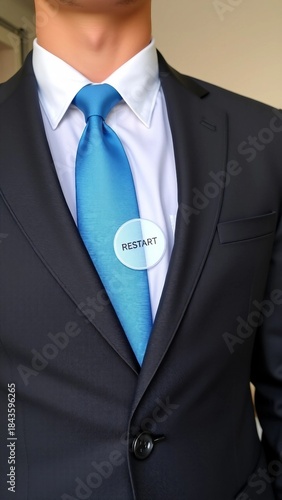 Person in Suit with Restart Button on Chest – Concept of Urgency for Reset and Renewal