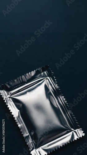 Metallic Condom Wrapper on Black Background – Product Mockup