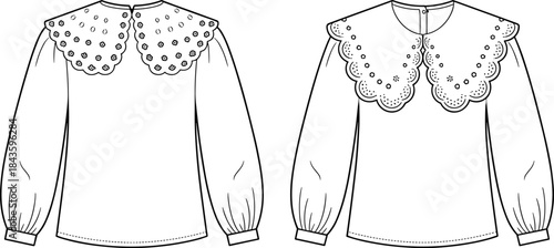 Women's Romantic Peter Pan Collar Blouse Technical Fashion Illustration Set: Embroidered Scalloped Edge and Long Puff Sleeves Vector Template