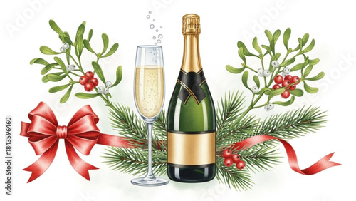 Champagne bottle and glass with festive holly and ribbon on for christmas celebration
