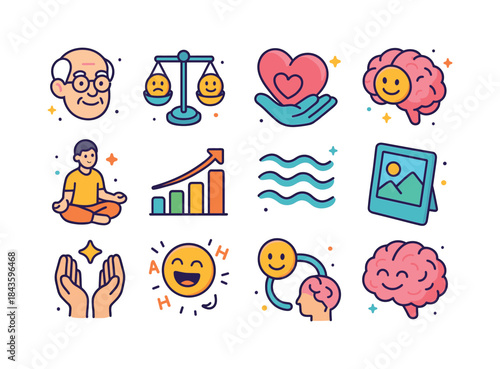 Emotional Aging Icons. Emotion and aging. Colorful isometric vec