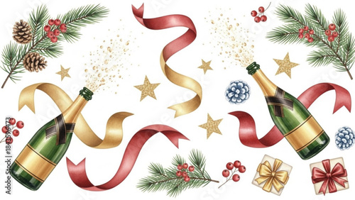 Festive christmas scene with champagne bottles and decorations for holiday celebrations and new years eve