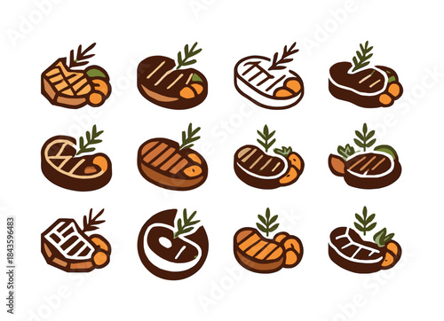 Steak Logo Variations. A close-up of a perfectly cooked steak wi