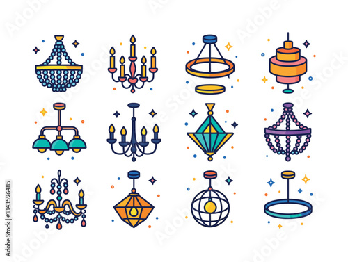 Colorful Chandelier Icons. Chandeliers. Colorful isometric vecto