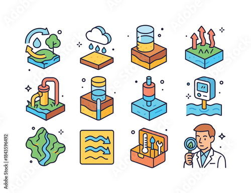 Eco-Hydrology Icon Set. eco-hydrology. Colorful isometric vector