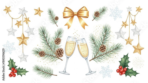 Festive christmas holiday scene with champagne glasses and decorations on for new years eve celebration