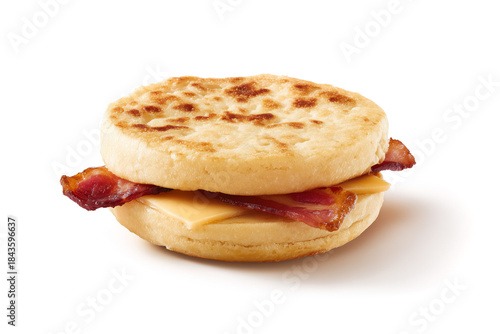 English muffin with bacon and cheese isolated on a white background