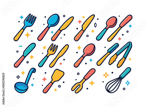 Colorful Cutlery Icons. Cutlery essentials. Colorful isometric v