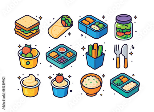 Colorful Lunch Icons. Easy lunch ideas. Colorful isometric vecto