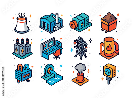 Colorful Power Plant Icons. Power plant. Colorful isometric vect