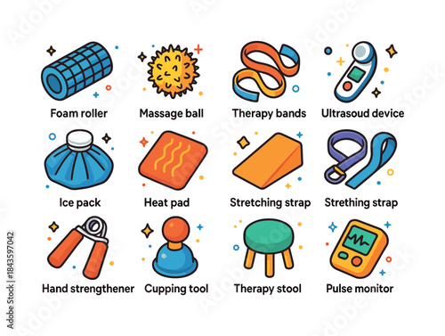 Colorful Physiotherapy Tools. Physiotherapy tools. Colorful isom