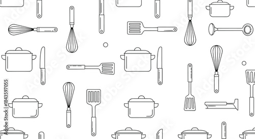 Classic line drawings depict a seamless kitchenware pattern of pots pans spatulas whisks ladles and other utensils arranged in a repeating layout.