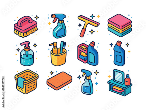 Bathroom Cleaning Icons. Bathroom cleaning. Colorful isometric v