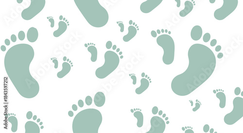 Field of pale green baby footprints pattern fills a bright white background and evokes gentle steps and tender memories of new arrivals and family joy.