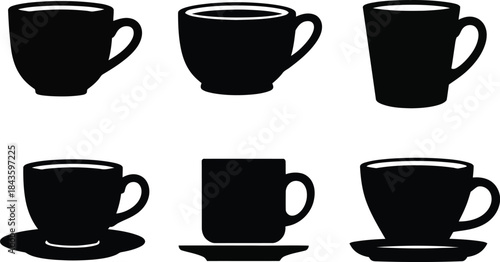 Diverse assortment of minimalist black coffee cup and tea mug silhouettes, isolated vector graphics for hot beverage branding, menu design, or kitchen decor projects