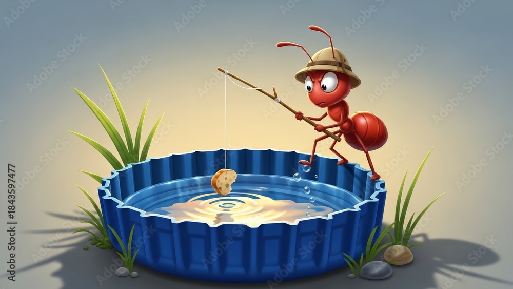 Obraz premium Determined Cartoon Ant Fishing Bread from Blue Bottle Cap Water
