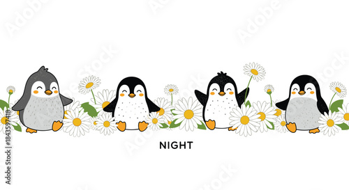 Playful penguins gather among blooming daisies under a quiet night sky near a delicate floral border across the image for a playful scene.
