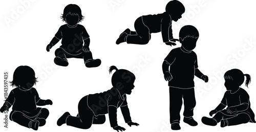 Children silhouette poses, crawling toddlers, sitting infants, standing child, playful kids, motor development, early childhood, vector art, black silhouettes,